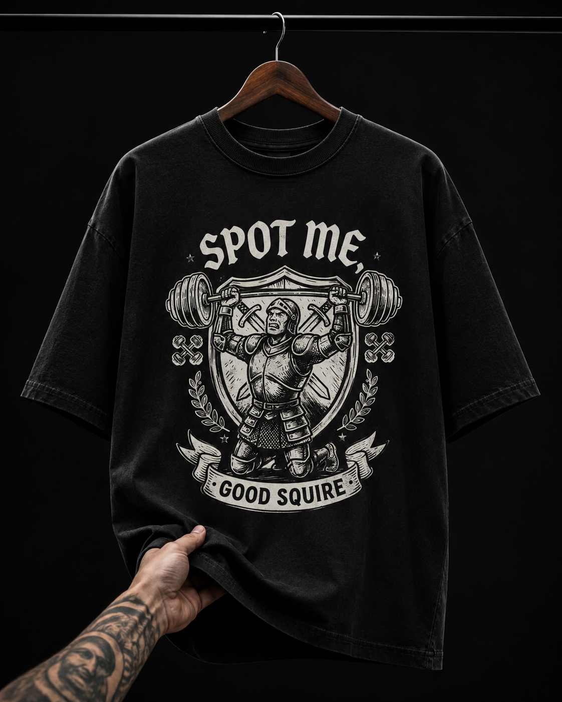 Spot Me Good Squire Knight Gym Graphic T-Shirt | Vintage Fitness Oversized Tee
