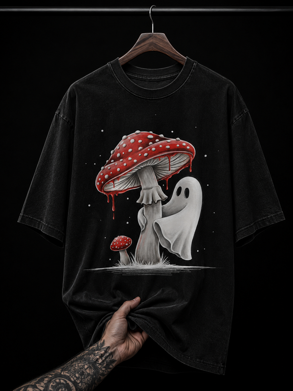 Spooky Mushroom & Ghost Graphic T-Shirt | Cottagecore Grunge Oversized Tee
