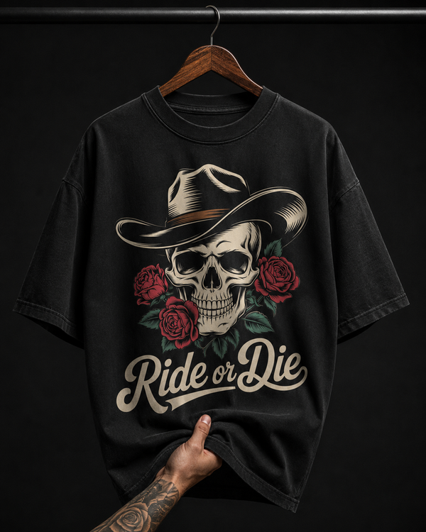 Ride or Die Cowboy Skull & Roses Graphic T-Shirt | Vintage Grunge Oversized Tee