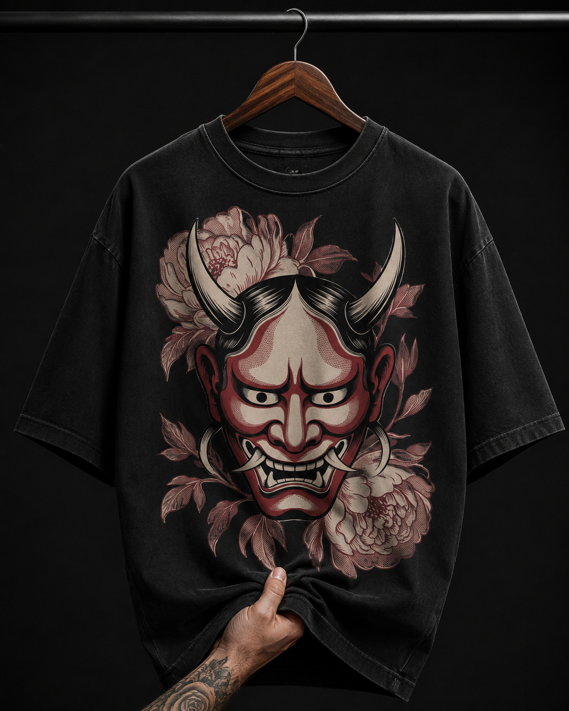 Japanese Hannya Mask & Flowers Graphic T-Shirt | Edgy Anime Streetwear Oversized Tee
