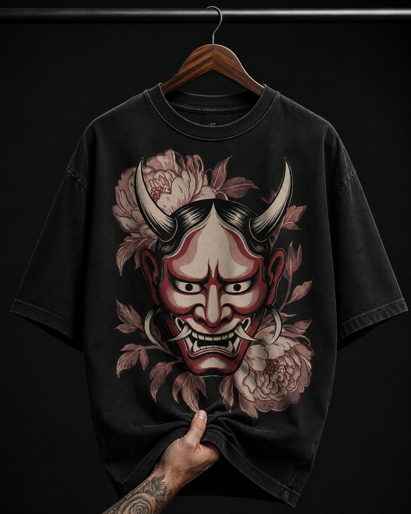 Japanese Hannya Mask & Flowers Graphic T-Shirt | Edgy Anime Streetwear Oversized Tee