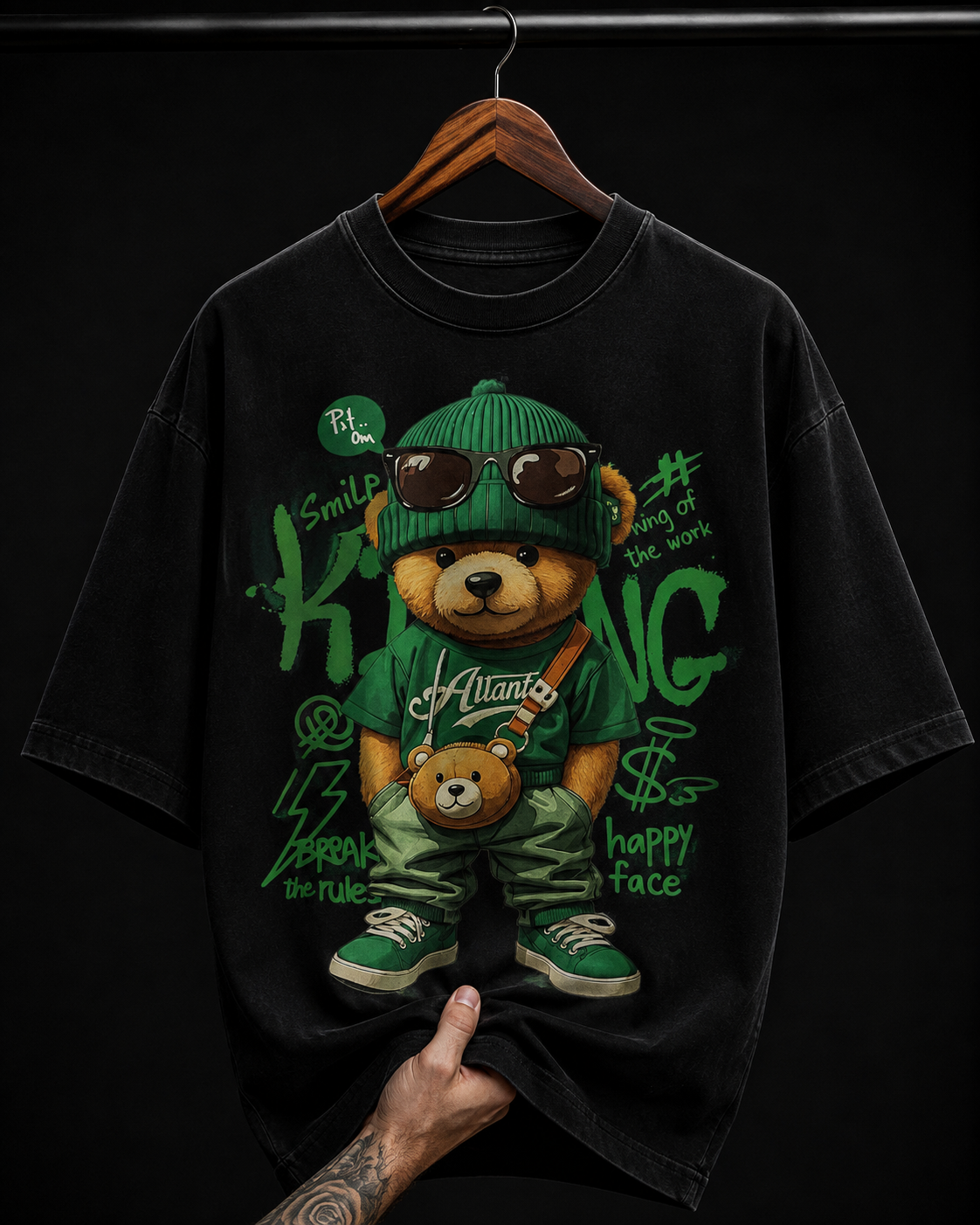 King Teddy Bear Green Hypebeast Graphic T-Shirt | Urban Streetwear Oversized Tee