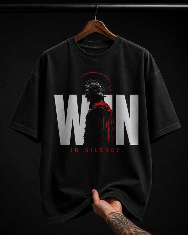 Win In Silence Spartan Warrior Graphic T-Shirt | Motivational Streetwear Oversized Tee