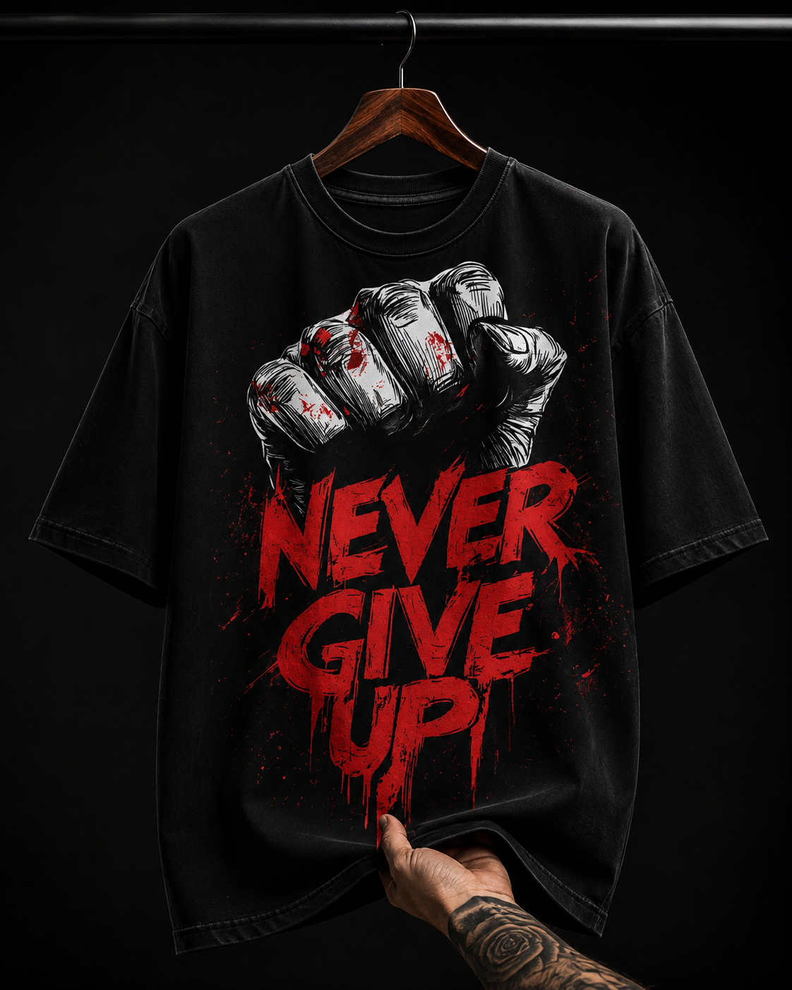Never Give Up Punch Fist Graphic T-Shirt | Hardcore Grunge Streetwear Oversized Tee