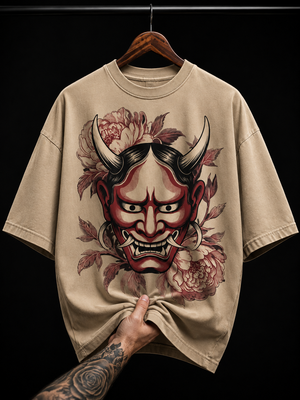 Japanese Hannya Mask and Flowers graphic T-shirt