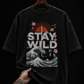 Stay Wild Japanese Wave and Cherry Blossom graphic T-shirt