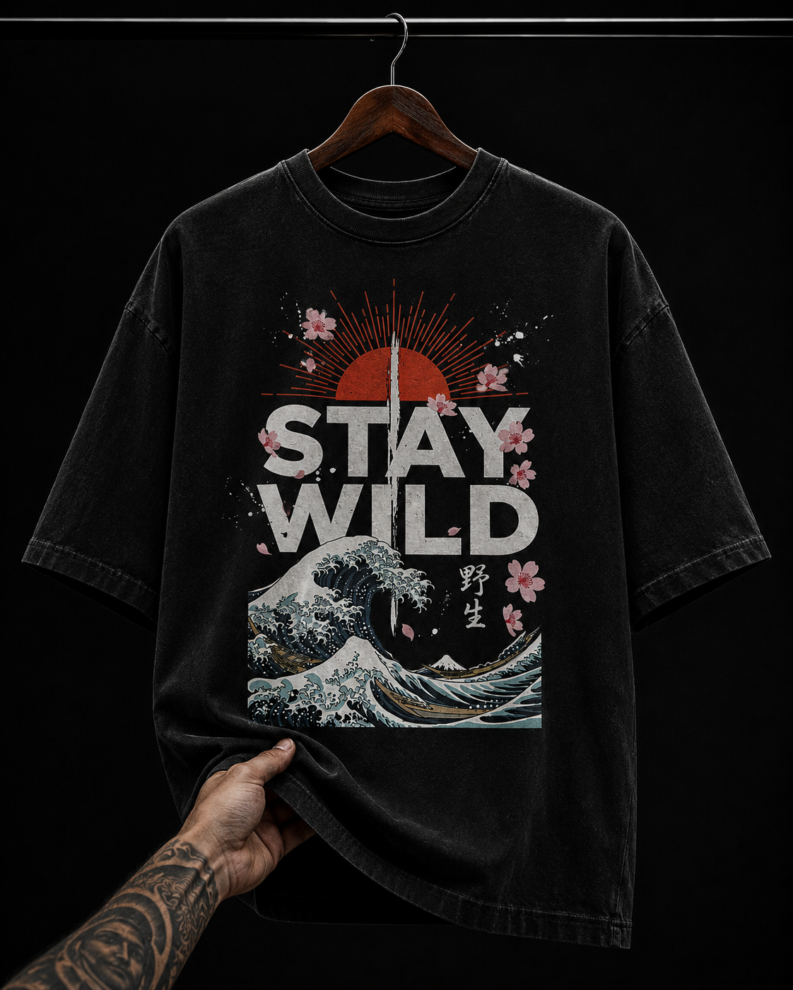 Stay Wild Japanese Wave & Cherry Blossom Graphic T-Shirt | Retro Streetwear Oversized Tee