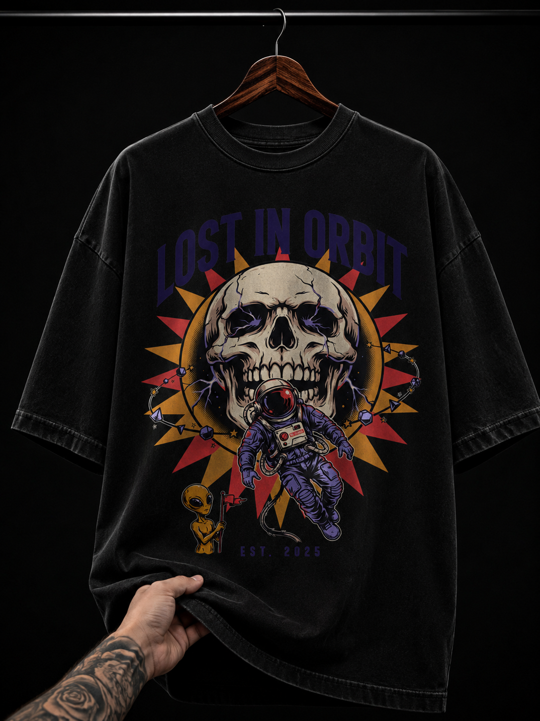 Lost In Orbit Skull & Astronaut Graphic T-Shirt | Cosmic Space Grunge Oversized Tee
