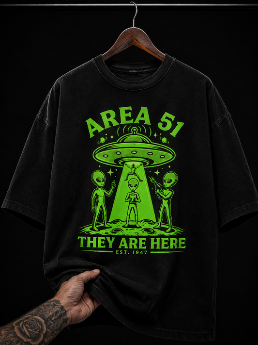 Area 51 They Are Here Alien UFO Graphic T-Shirt | Glow Style Sci-Fi Oversized Tee