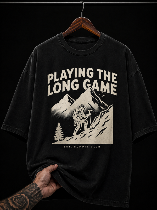 Playing The Long Game Mountain Hiking Graphic T-Shirt | Vintage Outdoor Oversized Tee