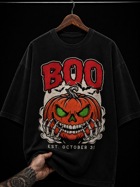 Boo Spooky Pumpkin & Skeleton Hands Graphic T-Shirt | Halloween Grunge Oversized Tee