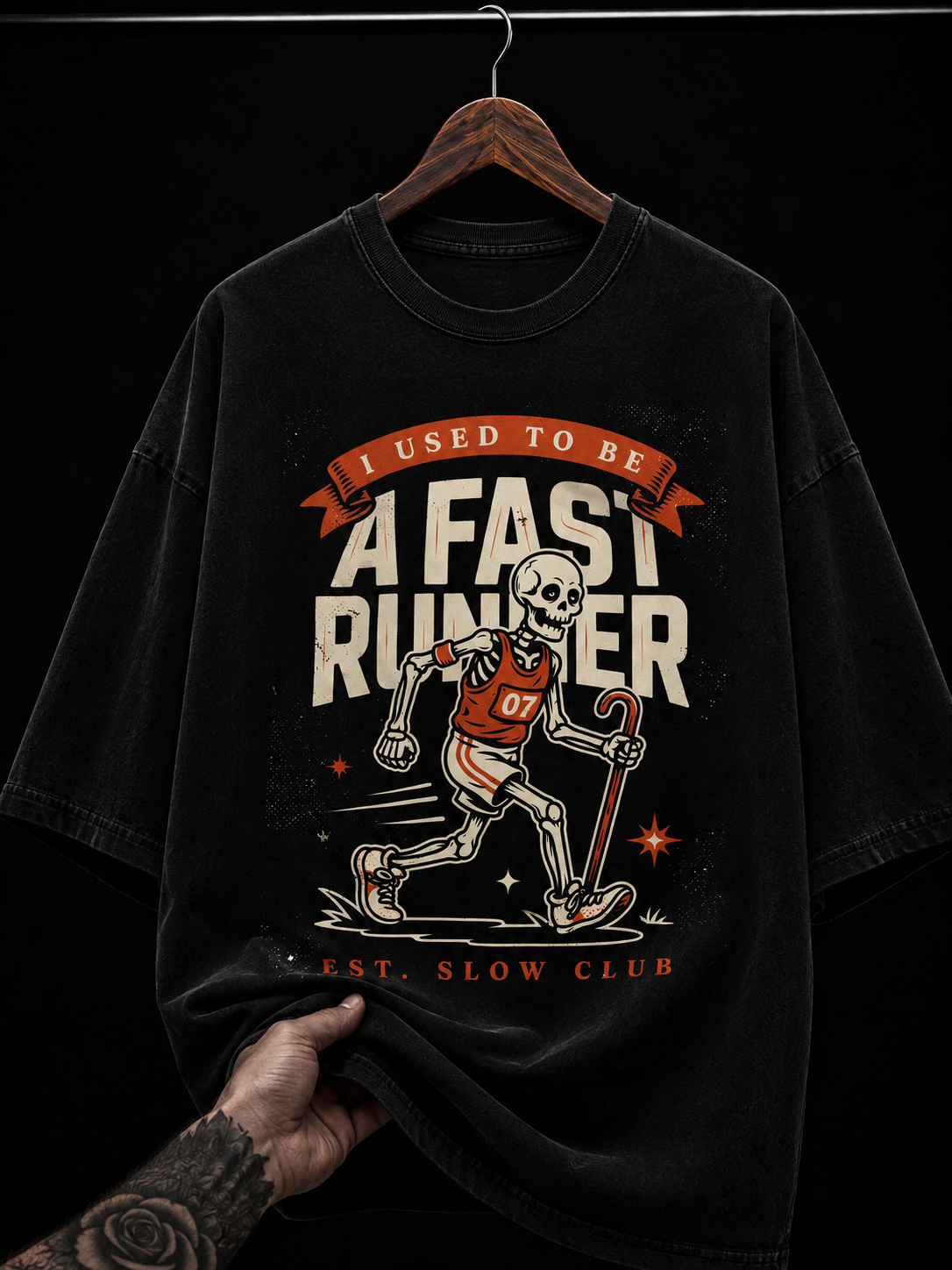 I Used To Be A Fast Runner Skeleton Graphic T-Shirt | Funny Retro Gym Oversized Tee