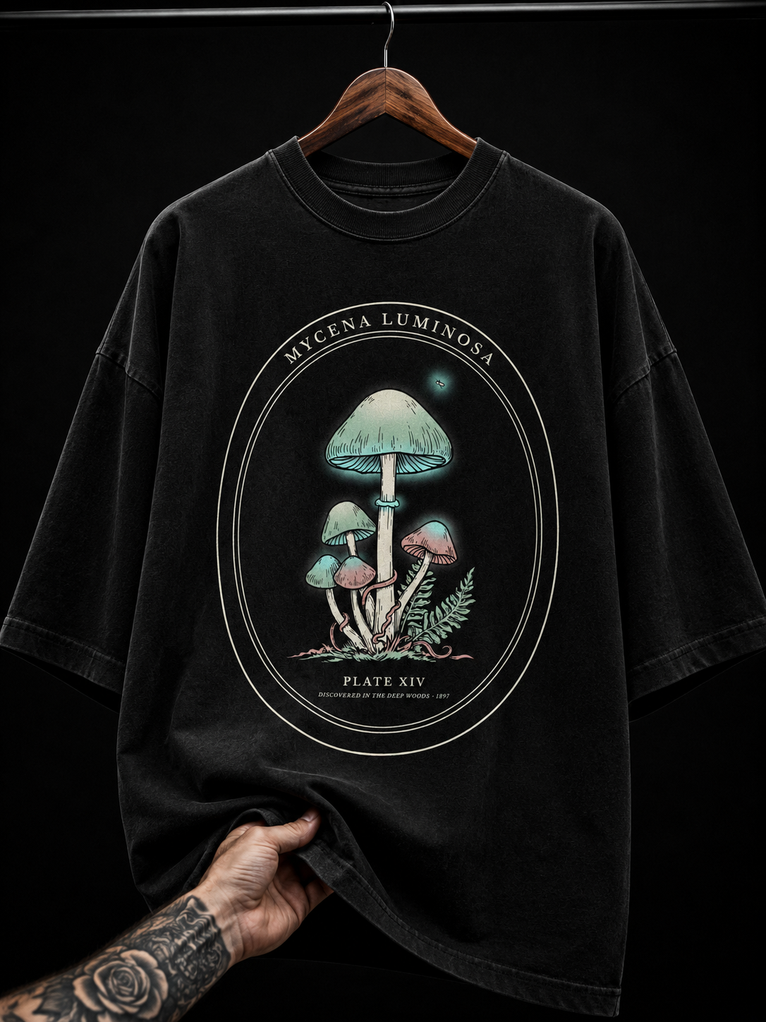 Mycena Luminosa Glowing Mushroom Graphic T-Shirt | Botanical Indie Oversized Tee