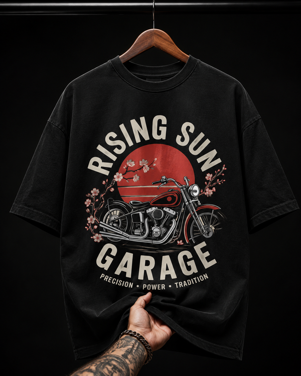 Rising Sun Garage Motorcycle Graphic T-Shirt | Vintage Biker Retro Oversized Tee