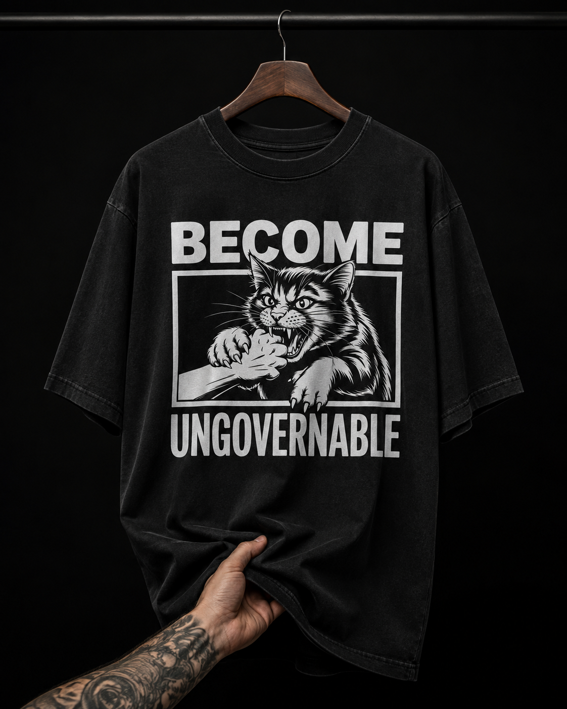 Become Ungovernable Cat Biting Graphic T-Shirt | Funny Meme Grunge Oversized Tee