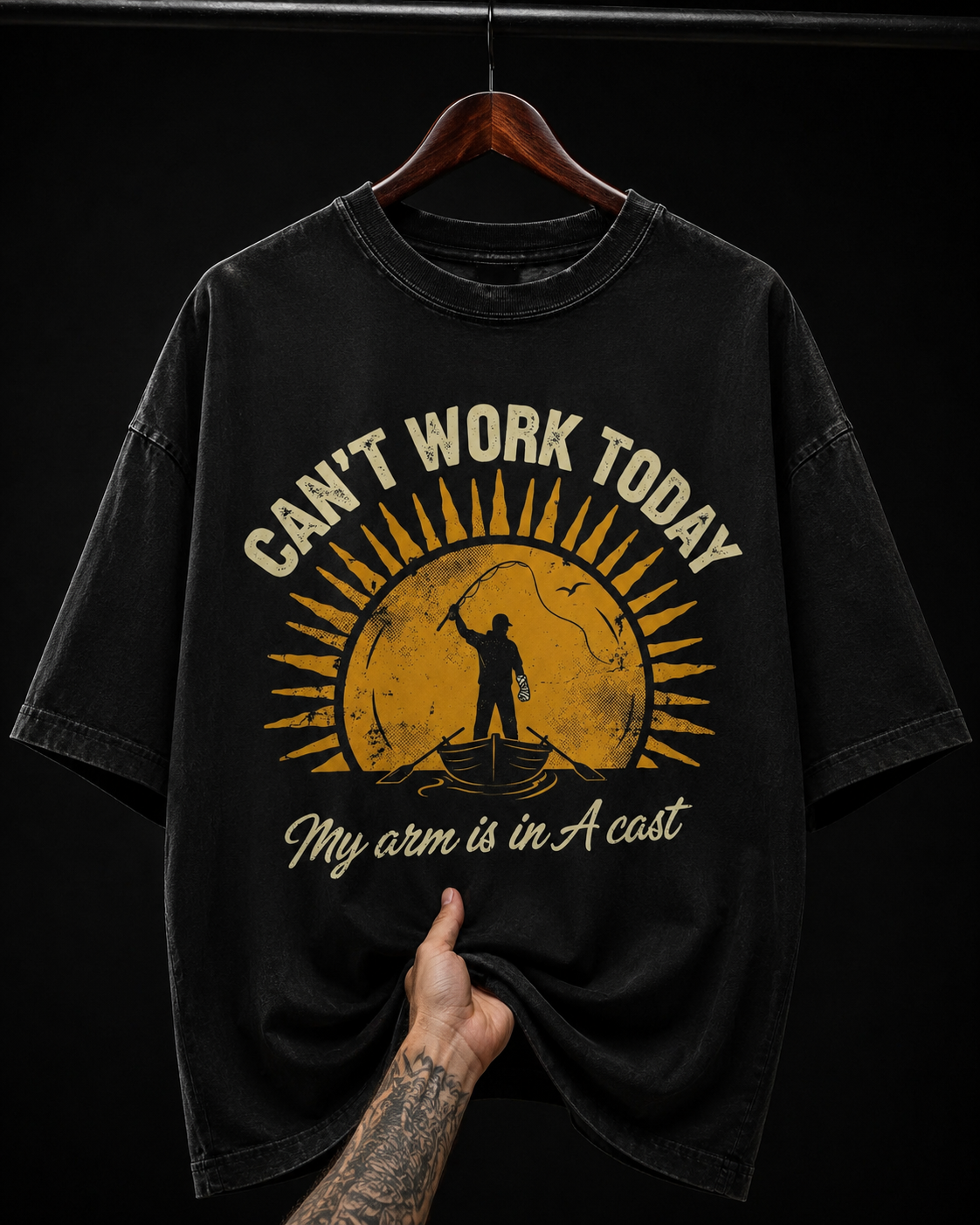 Can't Work Today My Arm Is In A Cast Fishing Graphic T-Shirt | Funny Pun Oversized Tee