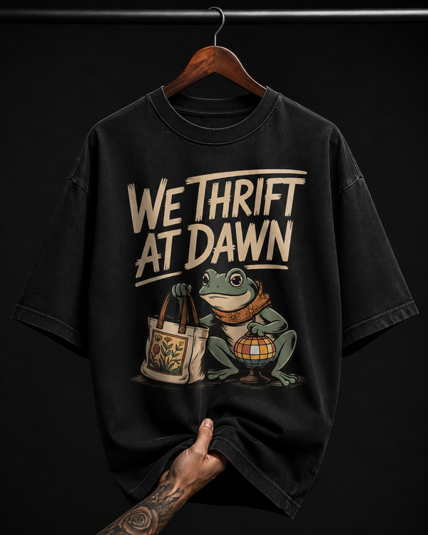We Thrift At Dawn Frog Graphic T-Shirt | Cute Indie Aesthetic Retro Oversized Tee