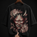 Japanese Hannya Mask & Flowers Graphic T-Shirt | Edgy Anime Streetwear Oversized Tee