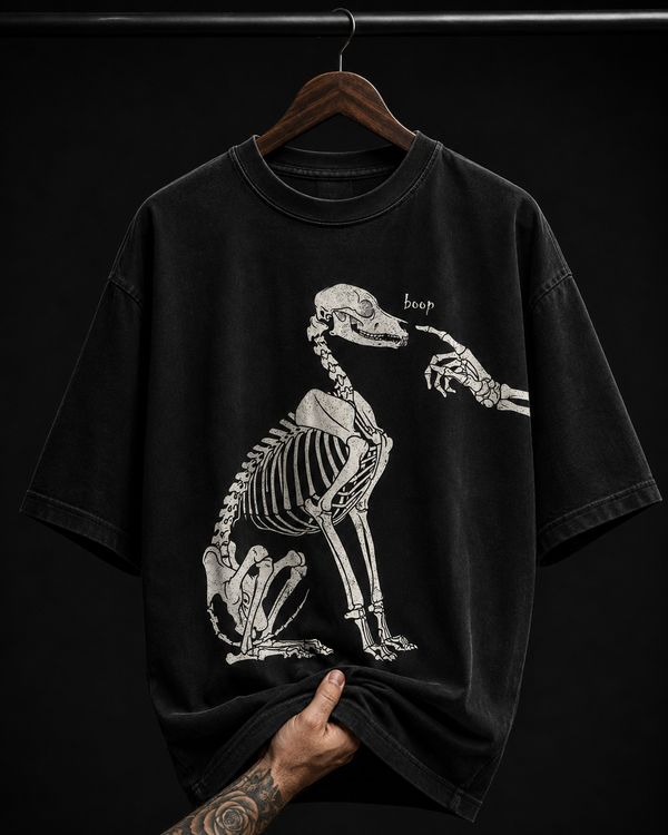 Dog Skeleton "Boop" Graphic T-Shirt | Cute Spooky Retro Oversized Tee