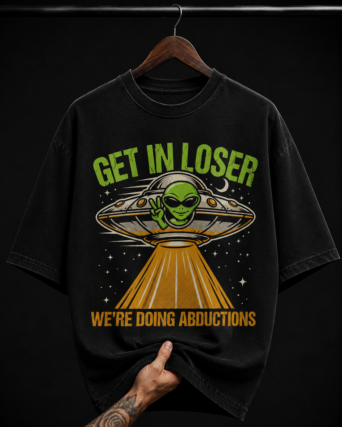 Get In Loser Alien UFO Graphic T-Shirt | Funny Sci-Fi Retro Oversized Tee