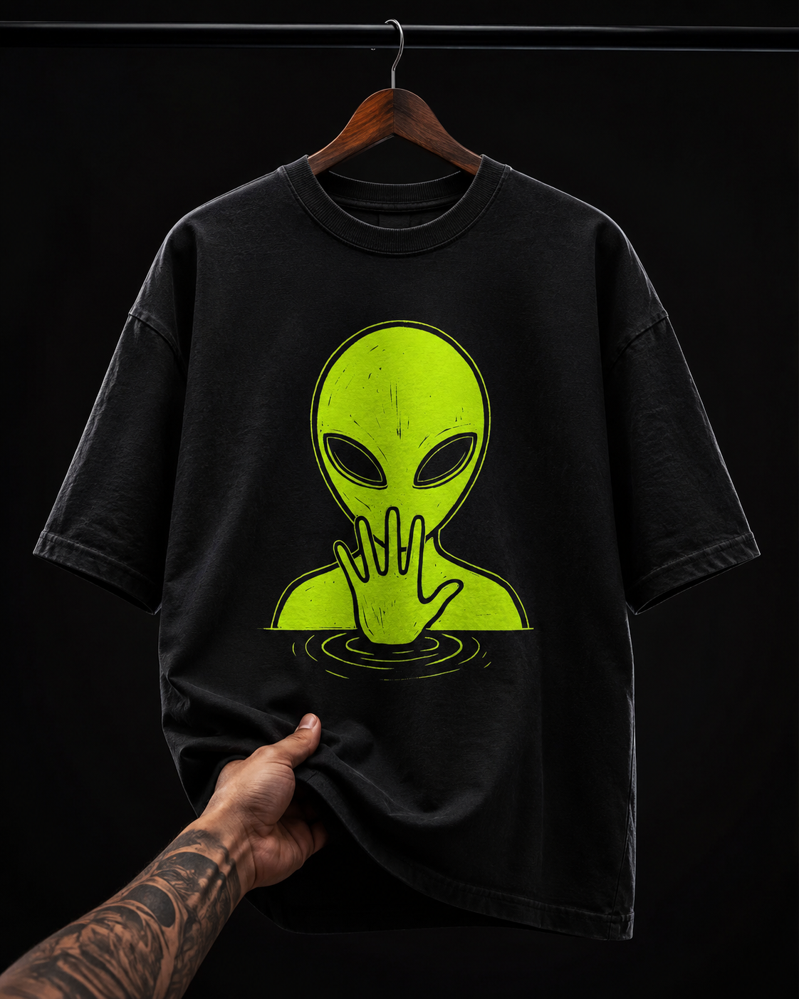 Glowing Alien Hand Ripple Graphic T-Shirt | Minimalist Sci-Fi Oversized Tee
