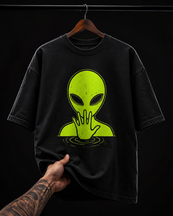 Glowing Alien Hand Ripple Graphic T-Shirt | Minimalist Sci-Fi Oversized Tee