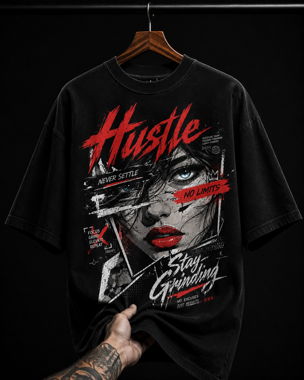 Hustle Stay Grinding Motivational Graphic T-Shirt | Urban Streetwear Oversized Tee