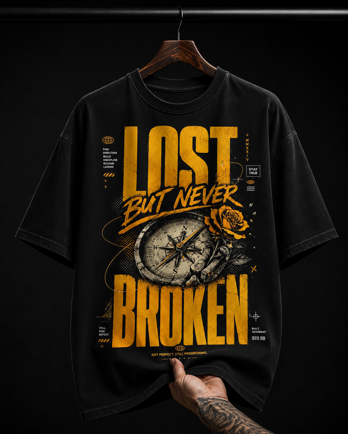 Lost But Never Broken Compass & Rose Graphic T-Shirt | Grunge Streetwear Oversized Tee