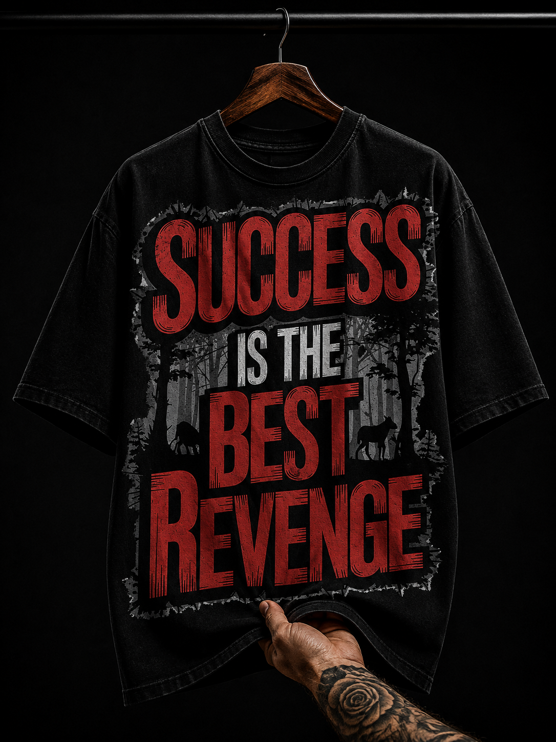 Success Is The Best Revenge Forest Wolf Graphic T-Shirt | Motivational Streetwear Oversized Tee
