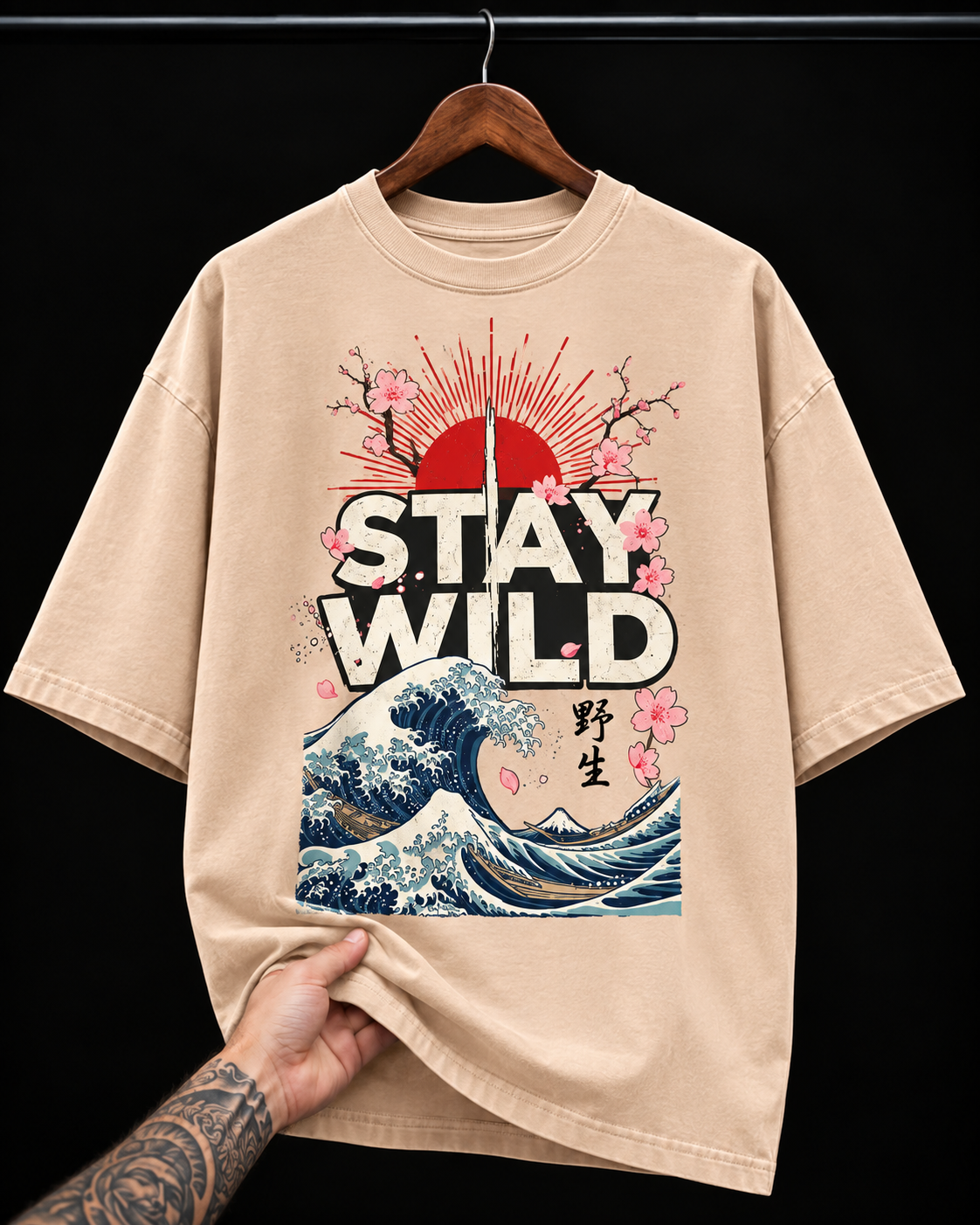 Stay Wild Japanese Wave and Cherry Blossom graphic T-shirt