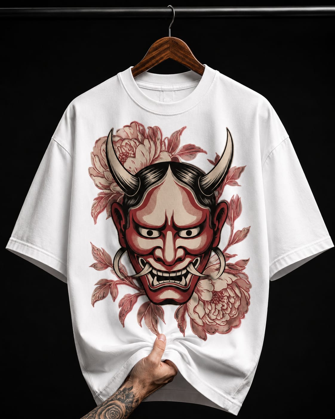 Japanese Hannya Mask and Flowers graphic T-shirt