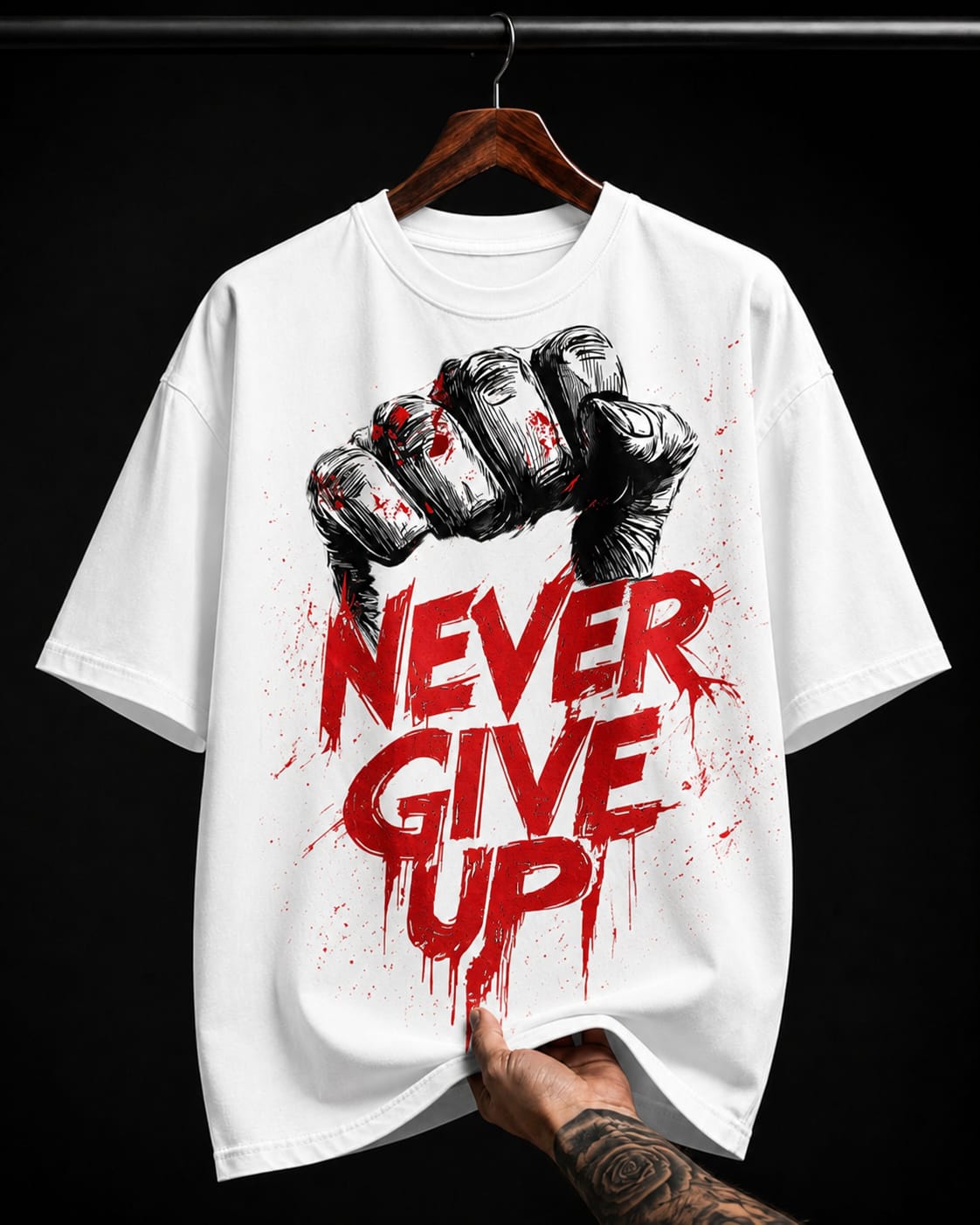 Never Give Up Punch Fist graphic T-shirt