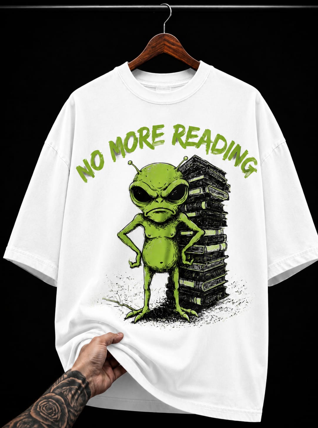 No More Reading Alien and Books graphic T-shirt
