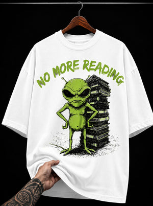 No More Reading Alien and Books graphic T-shirt