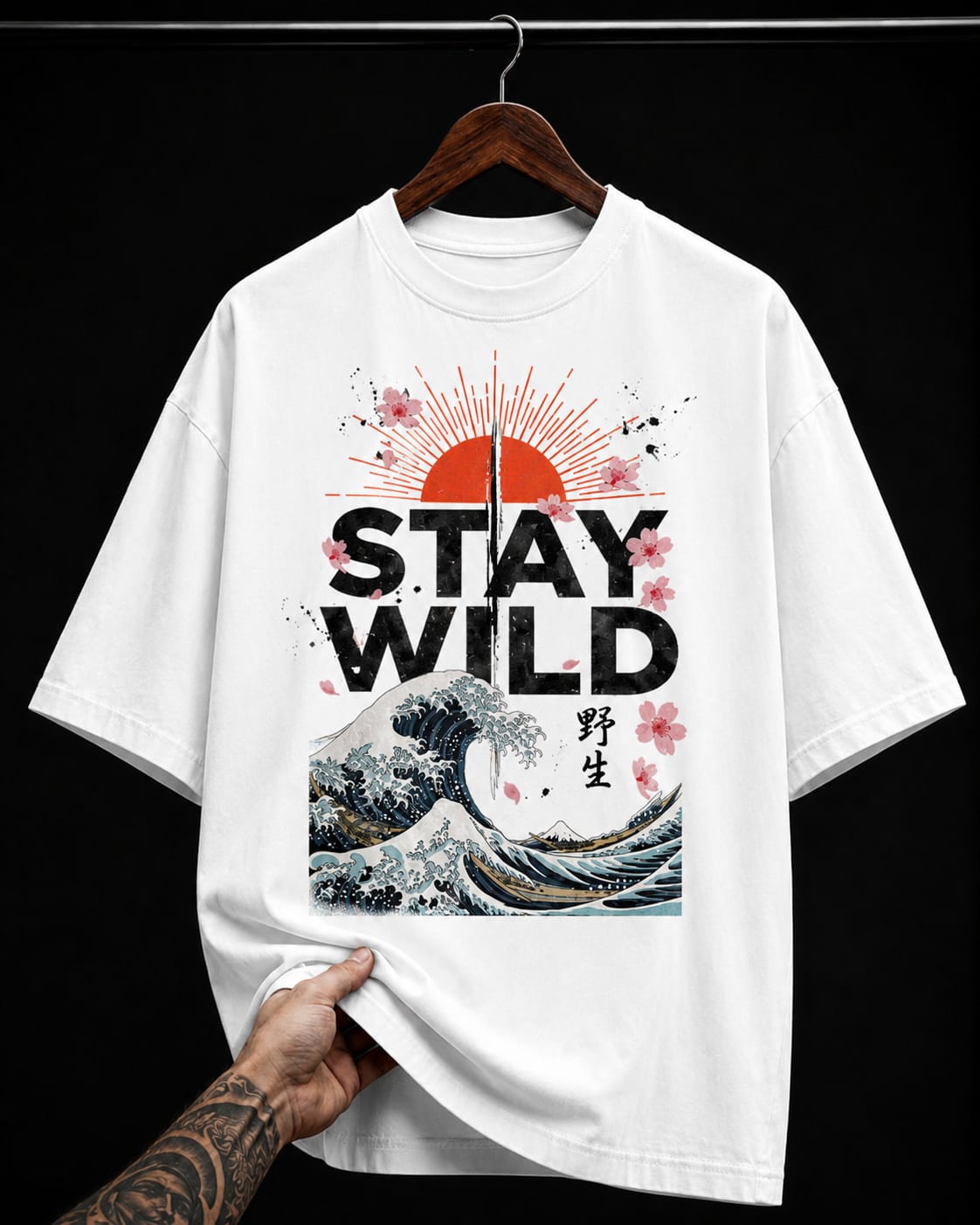 Stay Wild Japanese Wave and Cherry Blossom graphic T-shirt